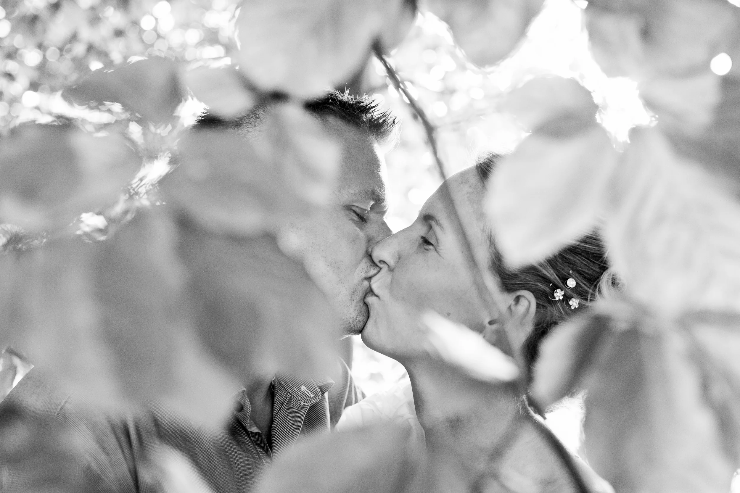 Bryllupsfoto af kyssende brudepar tæt på i naturen, indrammet af slørede blade med blødt sollys bagfra.