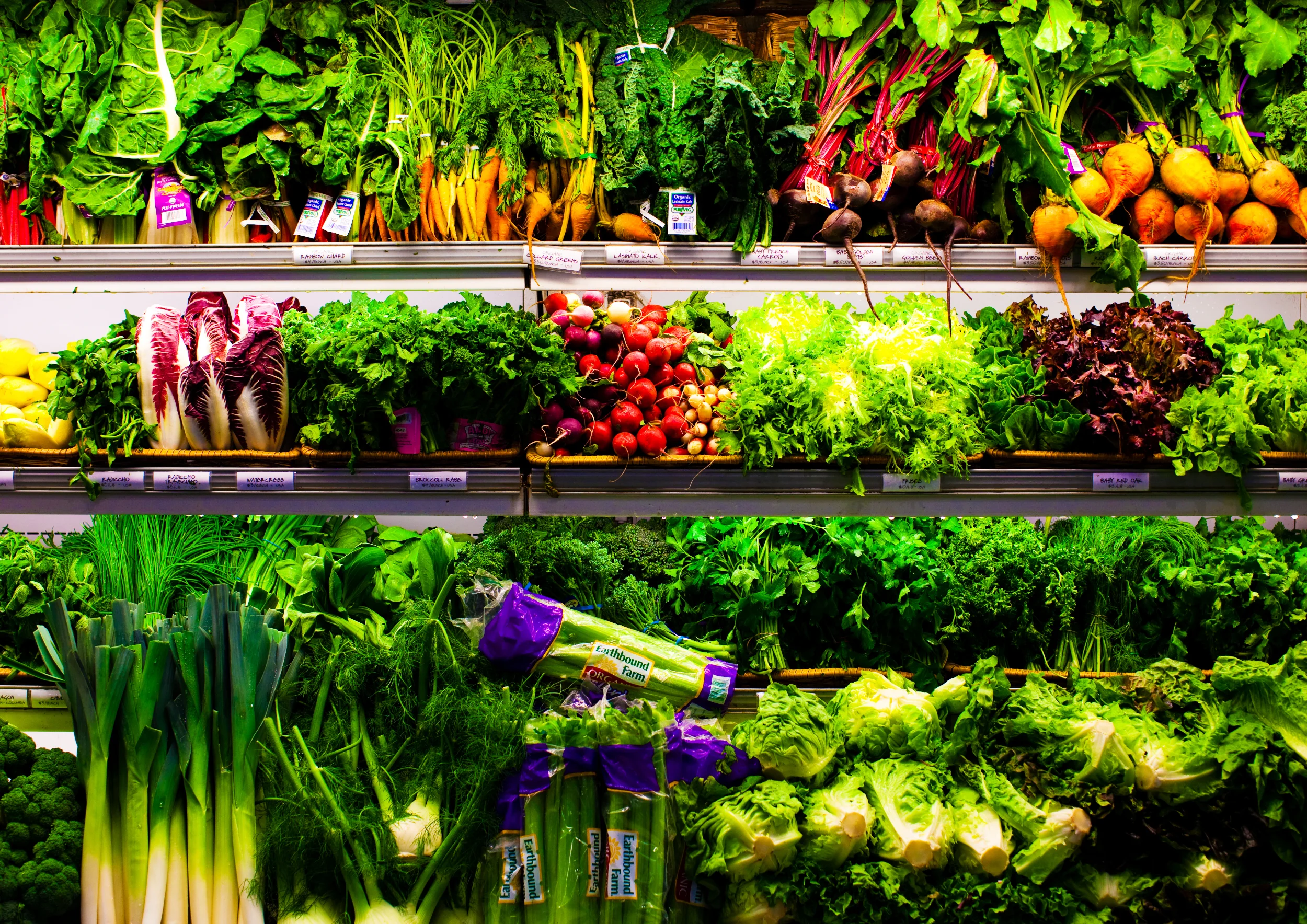 Bredt foto af et supermarkeds grøntafdeling med mange friske grøntsager og rødder i klare farver under skarpt lys.