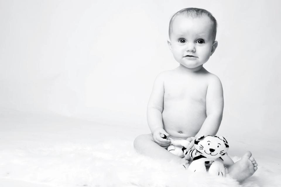Babyfotografering af siddende baby mod hvid baggrund, kigger nysgerrigt med sit tøjdyr ved siden.