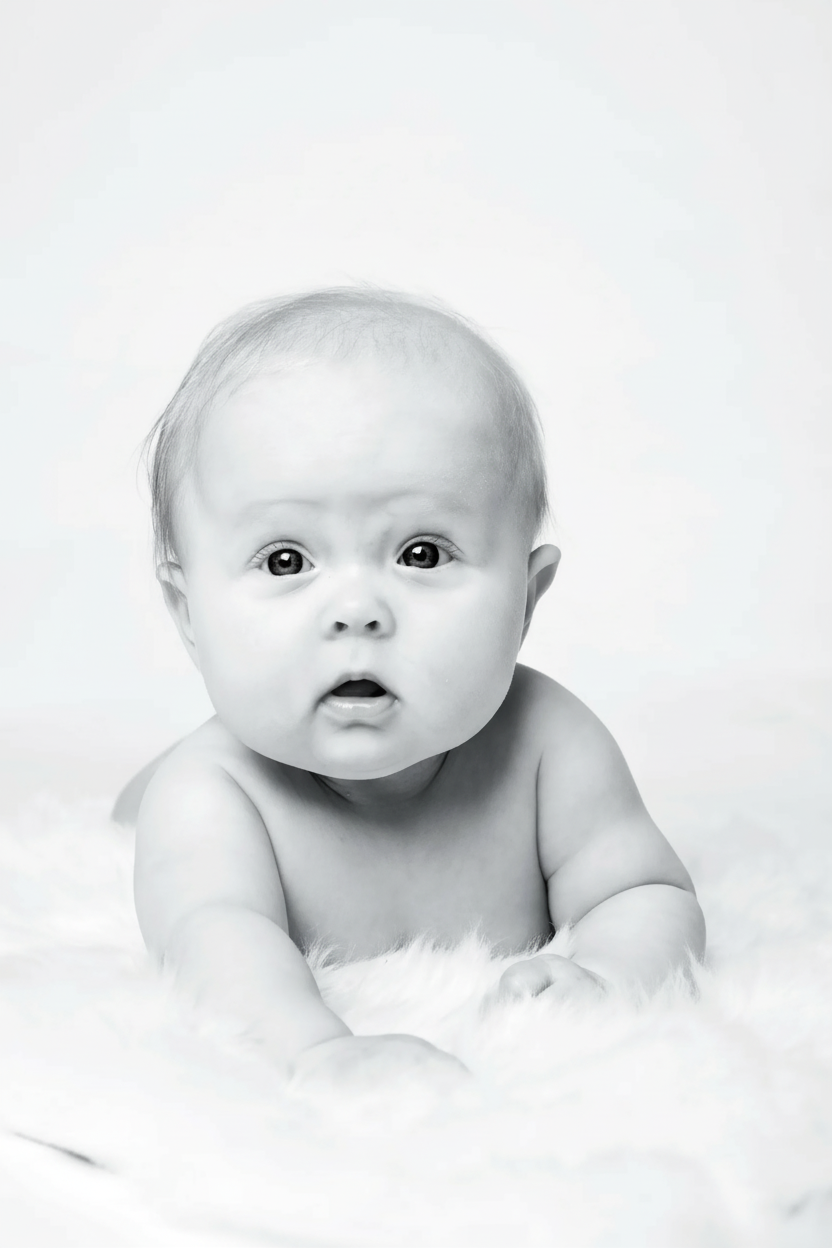 Babyfotografi: Nysgerrig baby ligger på maven på blødt, hvidt underlag i blidt, naturligt lys. S/H-foto.