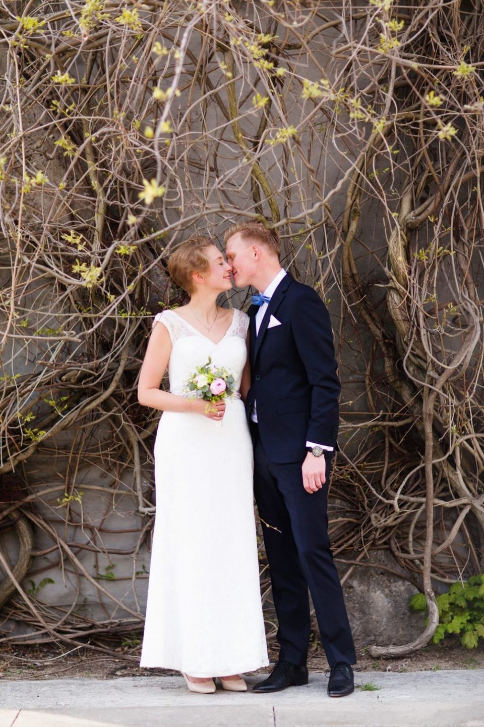 Bryllupsfoto af brudepar i ømt kys foran en mur med klatreplanter og spæde grønne skud. Bruden holder en buket.