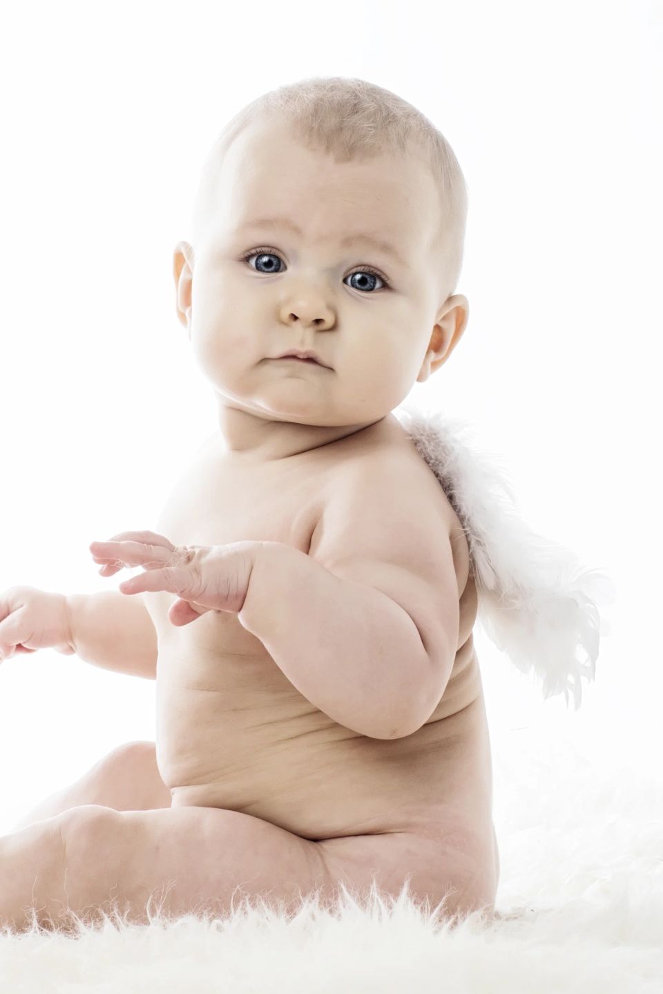 Yndig babyfotografering af siddende spædbarn med store blå øjne, iført små fjerenglevinger på hvid baggrund.