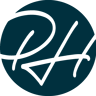 Elegant logo i mørkeblå cirkel med stiliserede sorte bogstaverne "DH" flettet sammen, symboliserer fotografi.