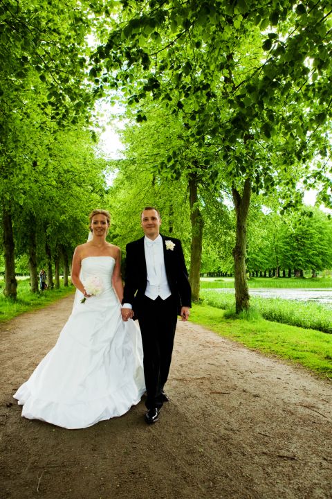 Bryllupspar hånd i hånd i grøn allé