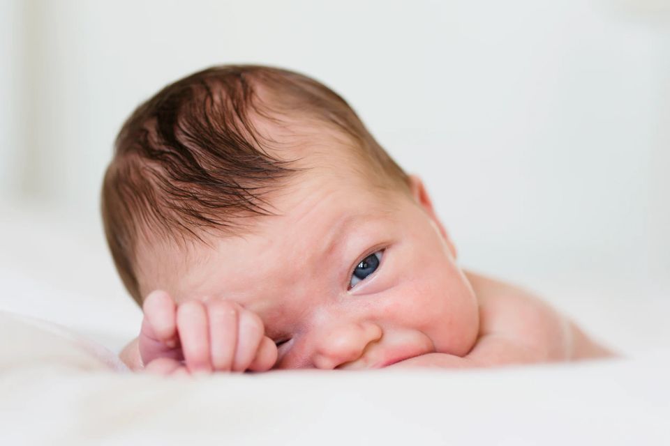 Nærbillede af baby liggende på maven med et vågent, intenst blik direkte mod beskueren. Foto af nyfødt.