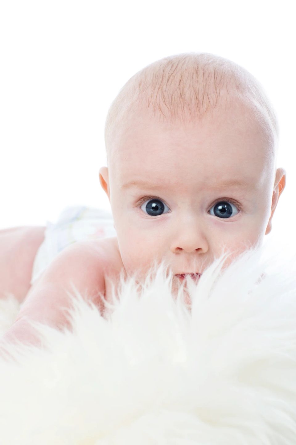 Nærbillede af baby liggende på maven i hvid pels med store, blå øjne der kigger direkte ind i kameraet.